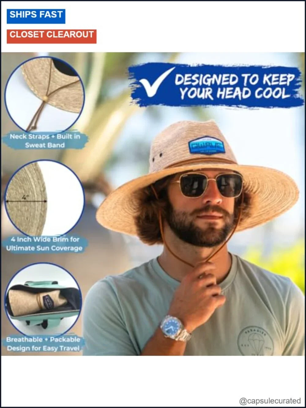100% Straw Fiber Packable Lifeguard Sun Hat with Drawstring
